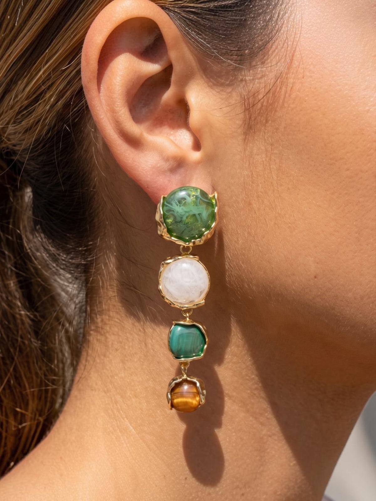 Resin Stone Four Tier Linear Drop Green Earrings