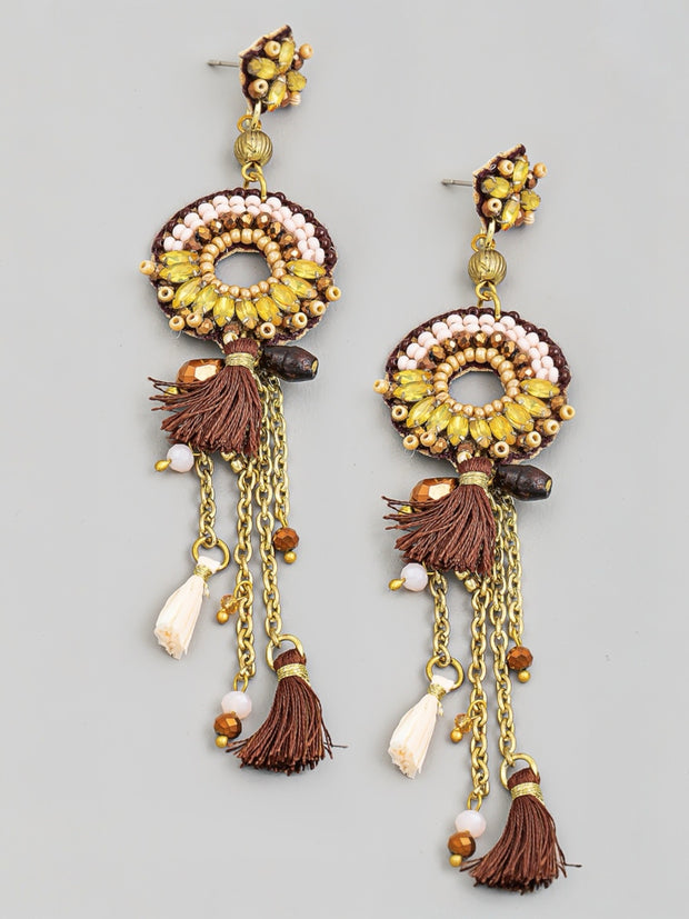 Boho Beaded Tassel Fringe Statement Earrings