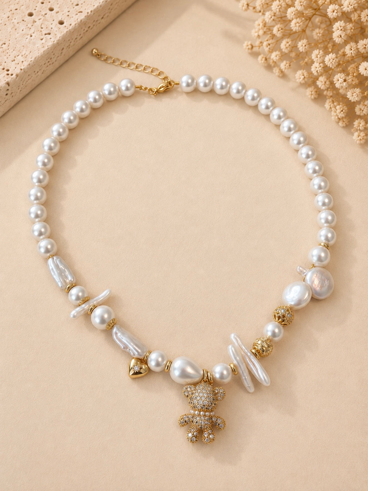 Pearl Teddy Charm Statement Necklace