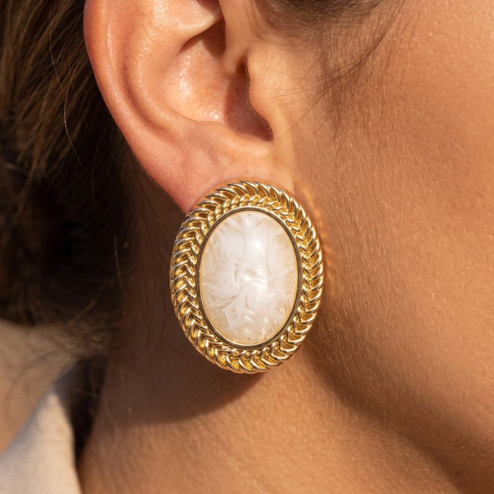 Gold Dipped Braided Frame Oval Stone Stud Earrings