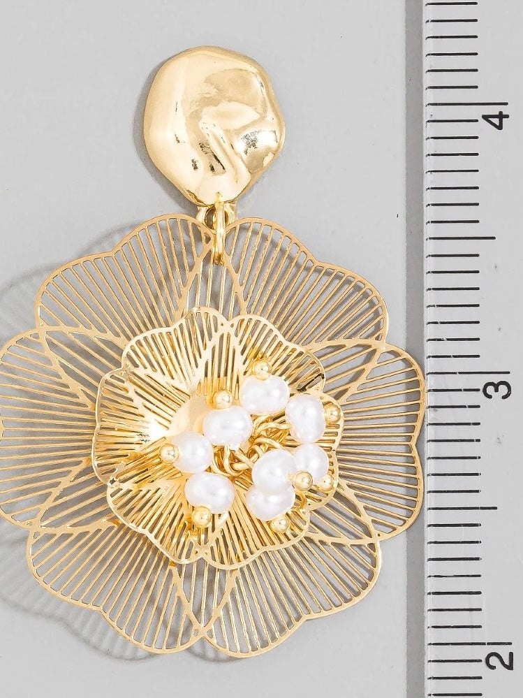Gold Filigree Flower Pearl Center Drop Earrings