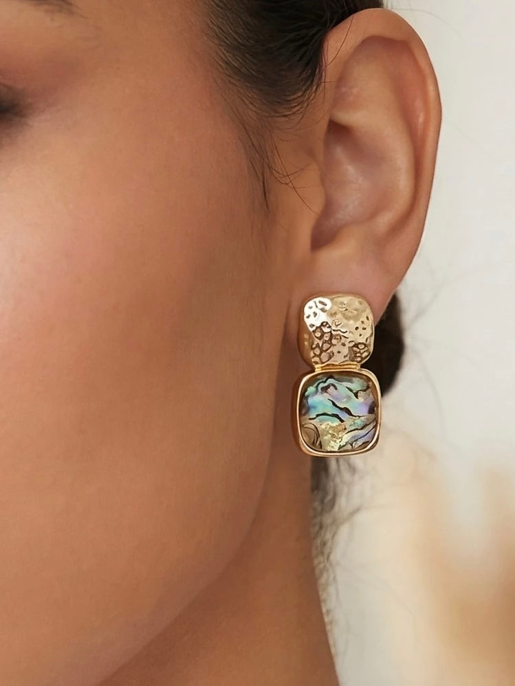 Two Tone Hammered Oversized Stone Drop Earrings