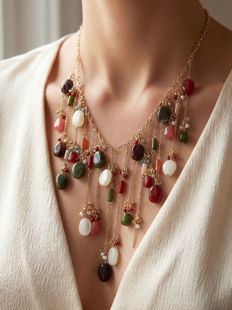 Chain Link Multi Stone Fringe Statement Necklace