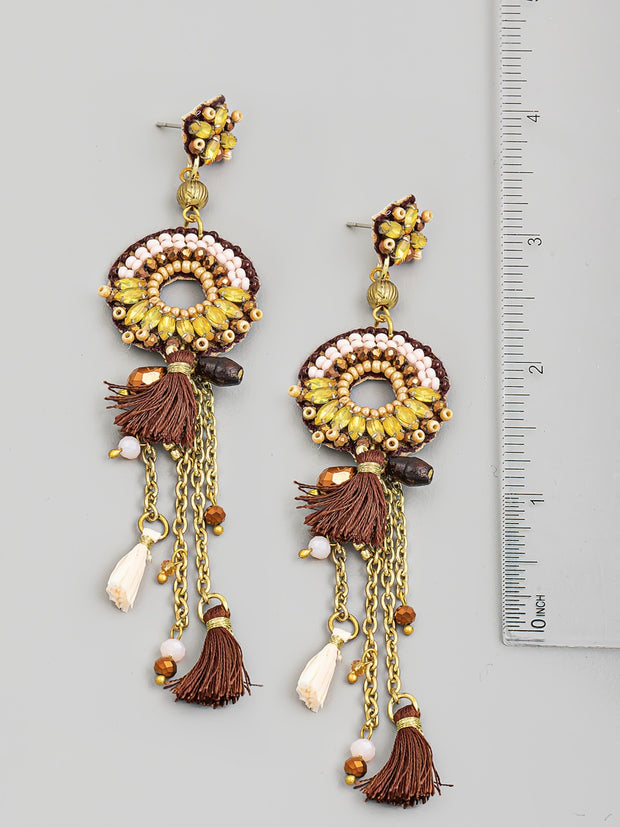 Boho Beaded Tassel Fringe Statement Earrings