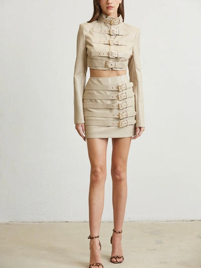 Cream Faux Leather Jacket & Skirt Set