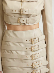 Cream Faux Leather Jacket & Skirt Set