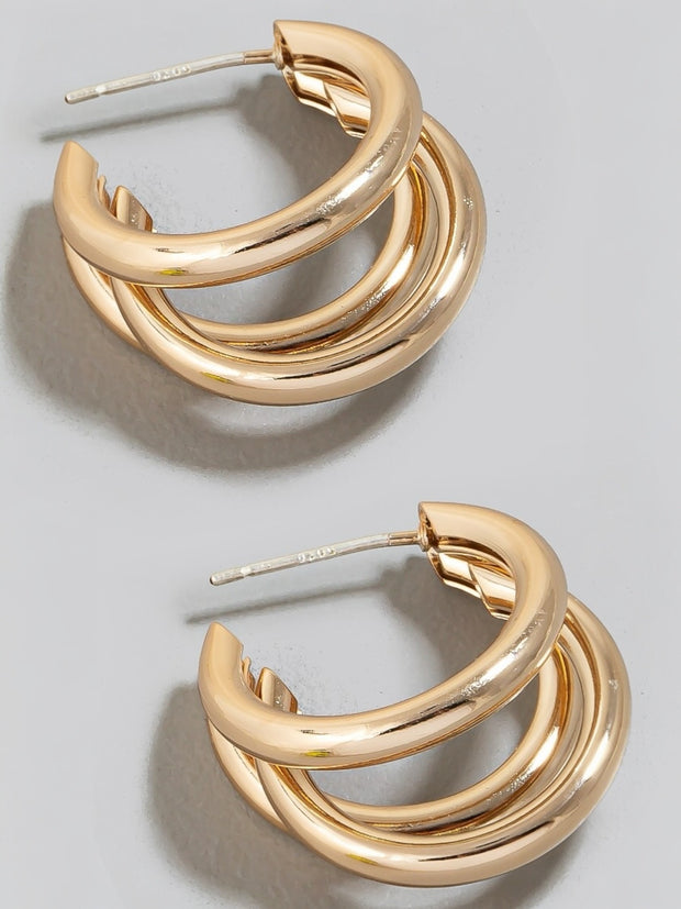 Gold Triple Layered Tube Hoop Earrings
