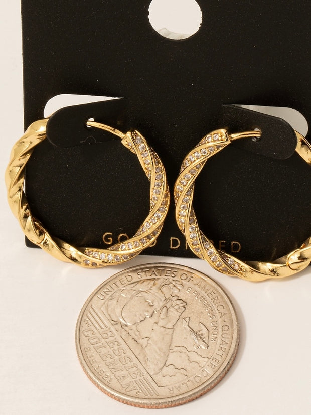 Gold Dipped Cz Pave Twisted Hoop Earrings