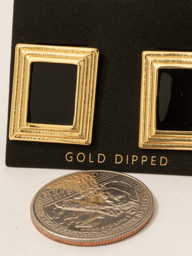 Gold Dipped Enamel Rectangle Frame Stud Earrings