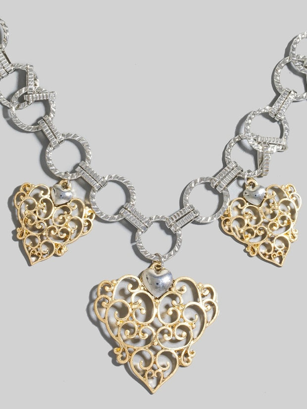Two Tone Chain And Filigree Hearts Charms Necklace