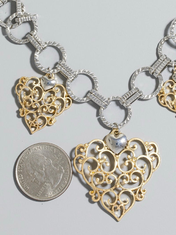 Two Tone Chain And Filigree Hearts Charms Necklace