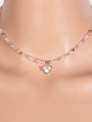 Cz Heart Pendant Glass Beaded Necklace