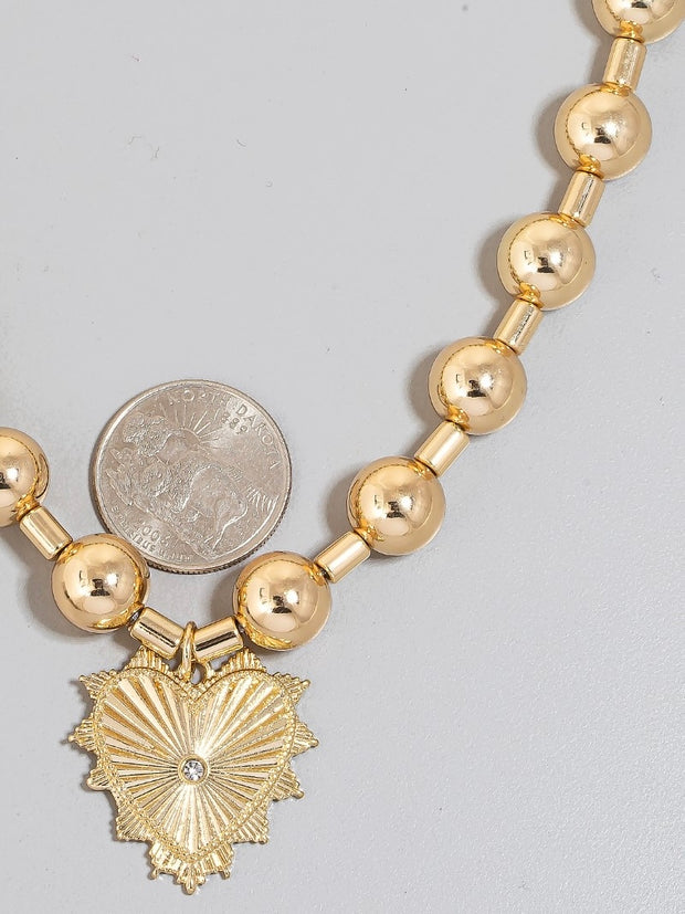 Metallic Ball Bead Heart Pendant Necklace