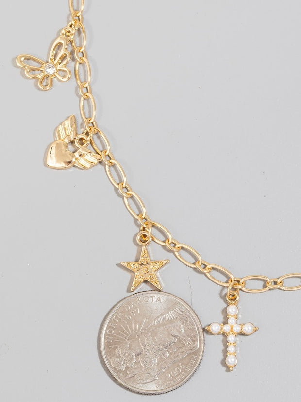 Star Cross And Heart Charms Chain Necklace