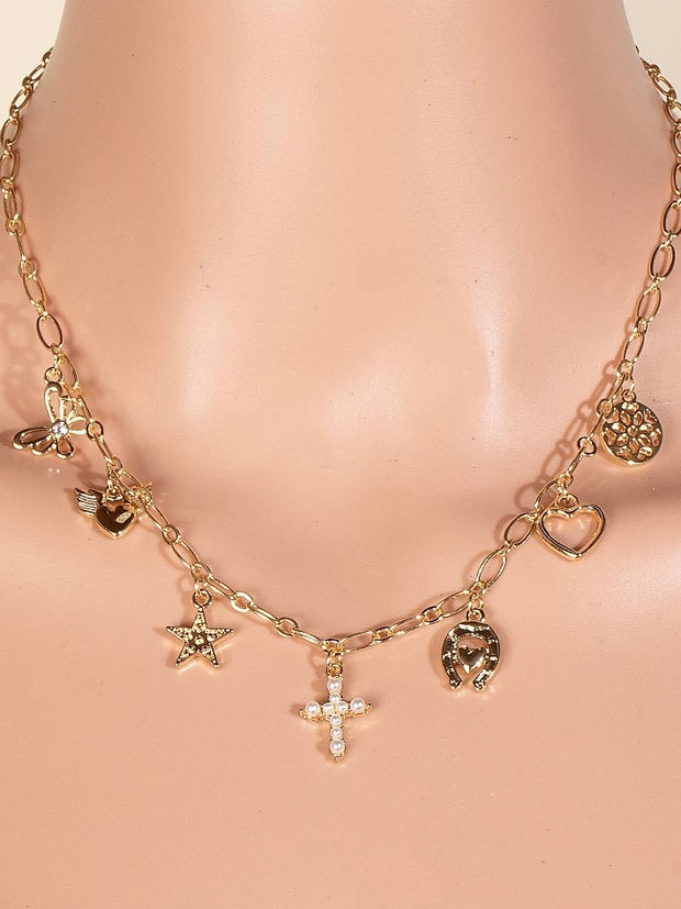 Star Cross And Heart Charms Chain Necklace