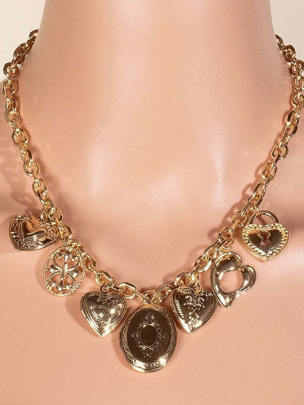 Multi Intricate Heart Charms Chain Necklace