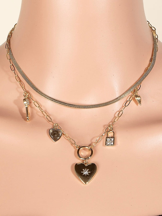 Studded Heart And Lock Charms Chain Necklace