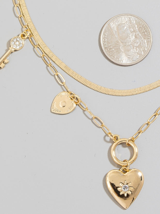 Studded Heart And Lock Charms Chain Necklace