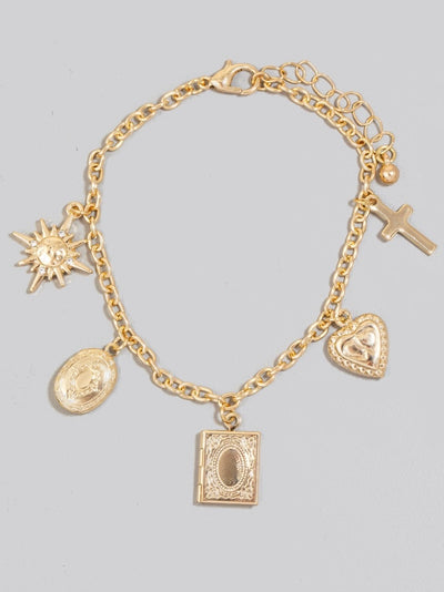 Star Cross And Heart Charms Chain Bracelet