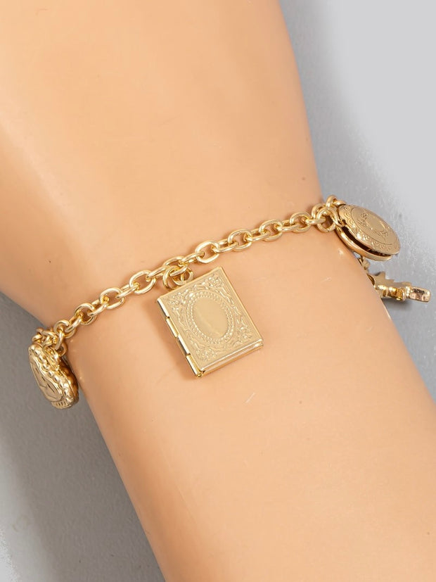 Star Cross And Heart Charms Chain Bracelet
