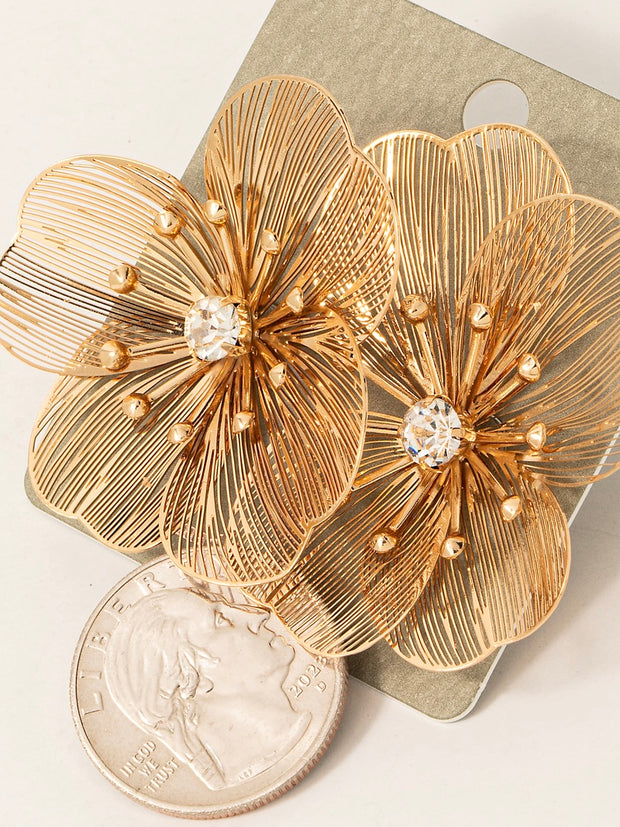 Thin Metallic Filigree Flower Stud Earrings