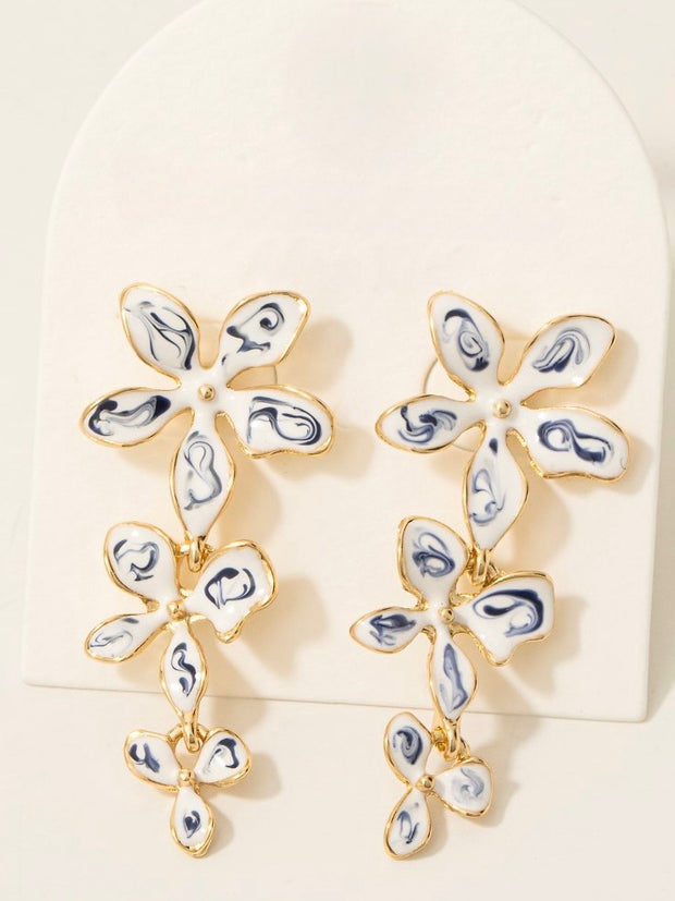 Blue Ceramic Flower Link Chain Dangle Earrings