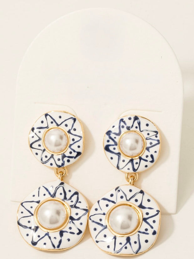 Blue Ceramic Pearl Stud Disc Dangle Earrings