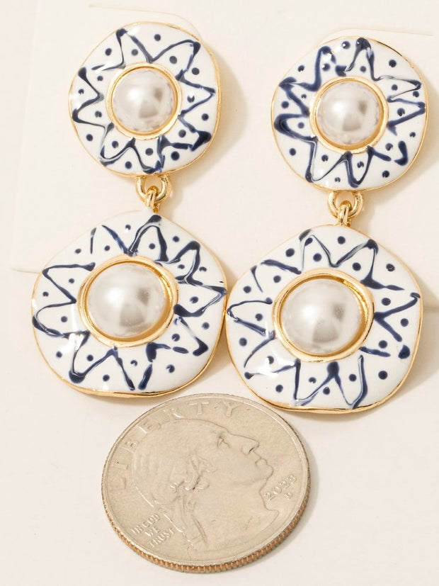 Blue Ceramic Pearl Stud Disc Dangle Earrings