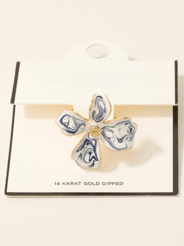 Gold Dipped Blue Ceramic Flower Band Ring
