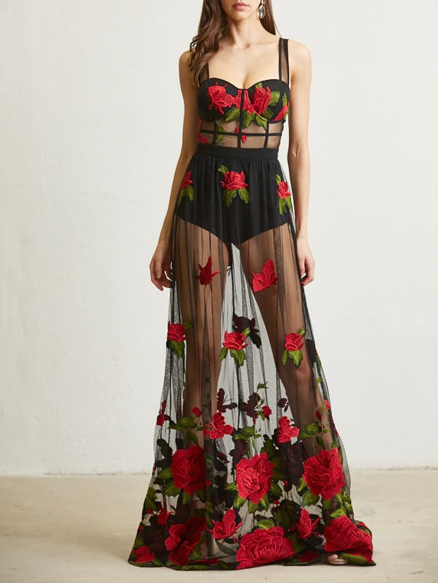 Rose Embroidered Mesh Dress