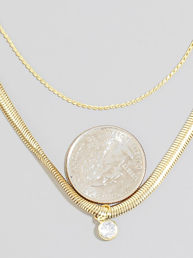 Gold Round Cz Pendant Layered Chains Necklace
