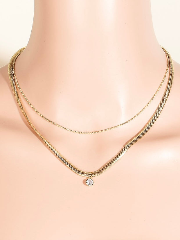 Gold Round Cz Pendant Layered Chains Necklace