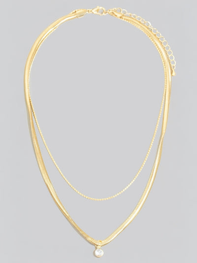 Gold Round Cz Pendant Layered Chains Necklace