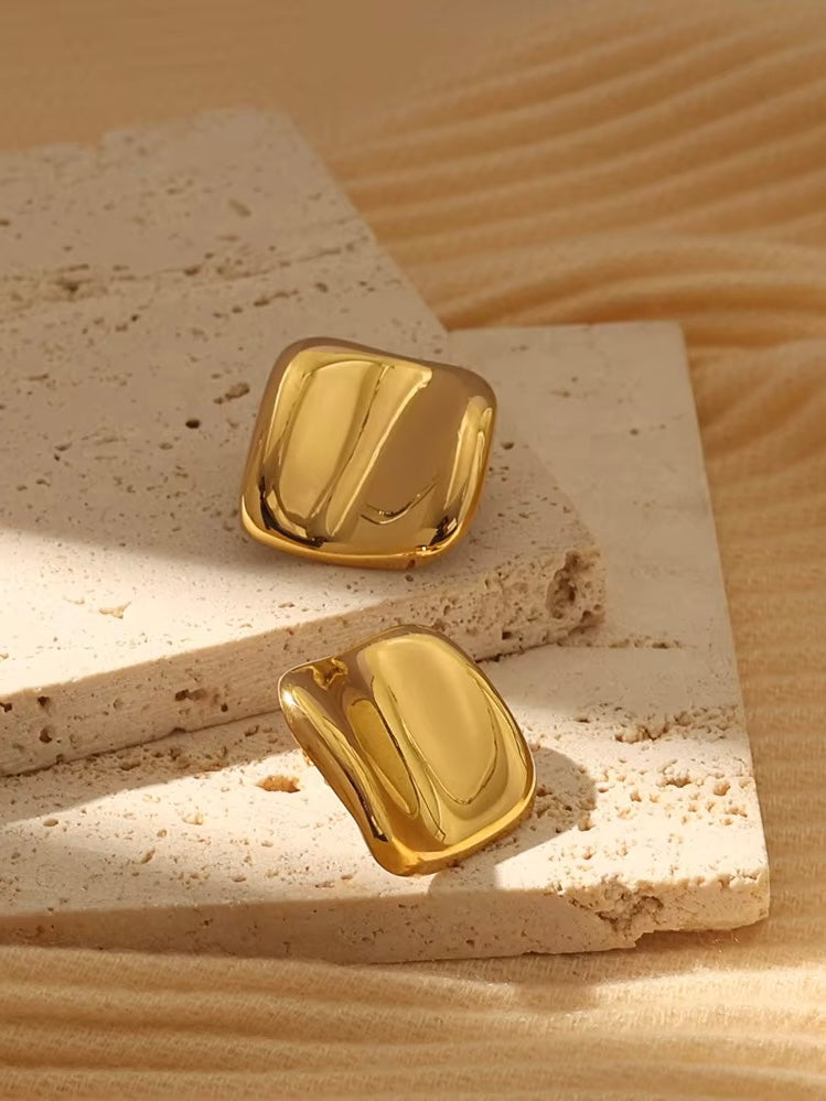 Rounded Square Gold Statement Earrings