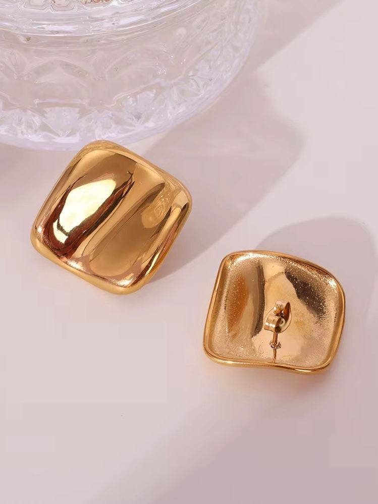 Rounded Square Gold Statement Earrings