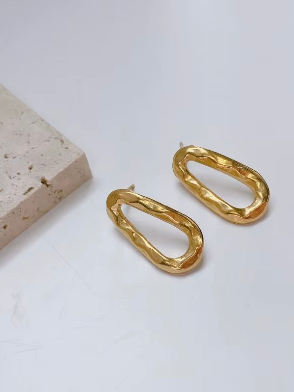 Hammered Organic Oval Gold Earrings