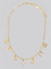 Star Cross And Heart Charms Chain Necklace