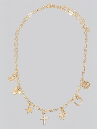 Star Cross And Heart Charms Chain Necklace