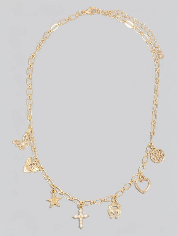 Star Cross And Heart Charms Chain Necklace