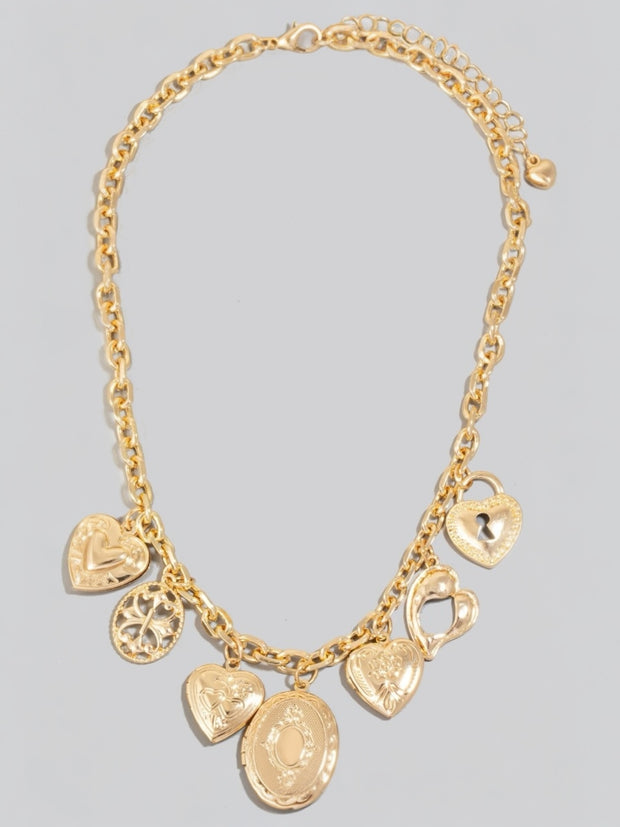 Multi Intricate Heart Charms Chain Necklace