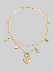 Studded Heart And Lock Charms Chain Necklace