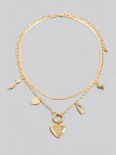 Studded Heart And Lock Charms Chain Necklace