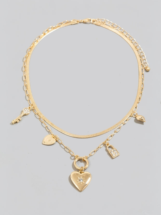 Studded Heart And Lock Charms Chain Necklace