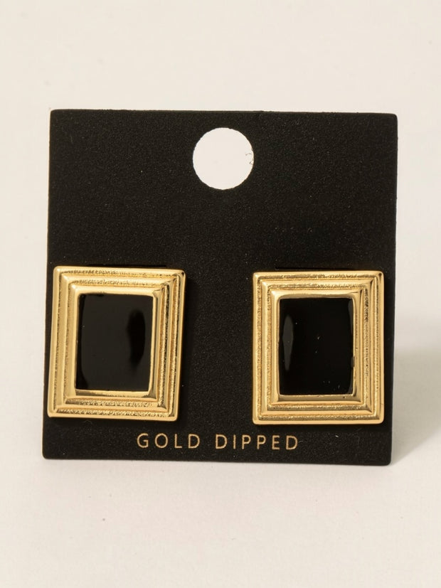 Gold Dipped Enamel Rectangle Frame Stud Earrings