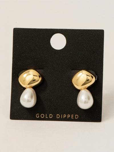 Gold Dipped Oval And Pearl Stud Earrings