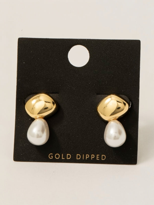 Gold Dipped Oval And Pearl Stud Earrings