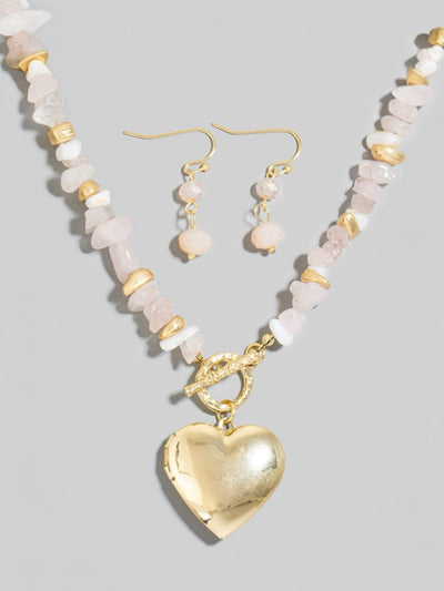 Heart Pendant Stone And Metallic Beaded Necklace Set