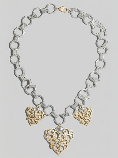 Two Tone Chain And Filigree Hearts Charms Necklace