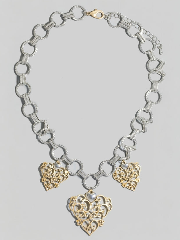 Two Tone Chain And Filigree Hearts Charms Necklace