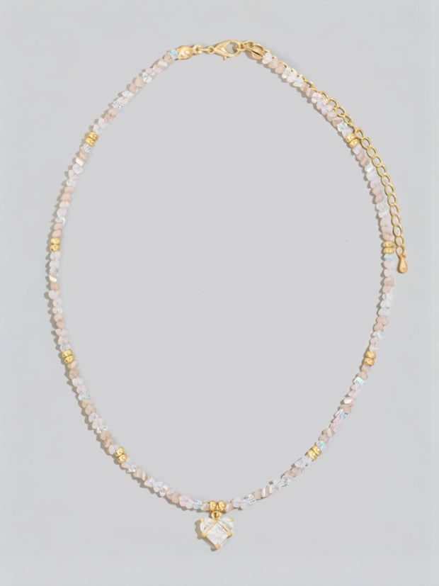 Cz Heart Pendant Glass Beaded Necklace